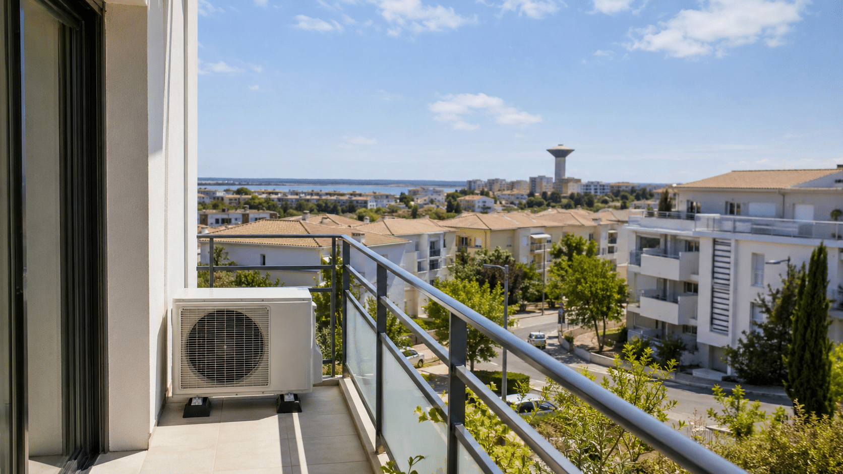 Unité extérieure de climatisation sur une terrasse de logement à Pérols