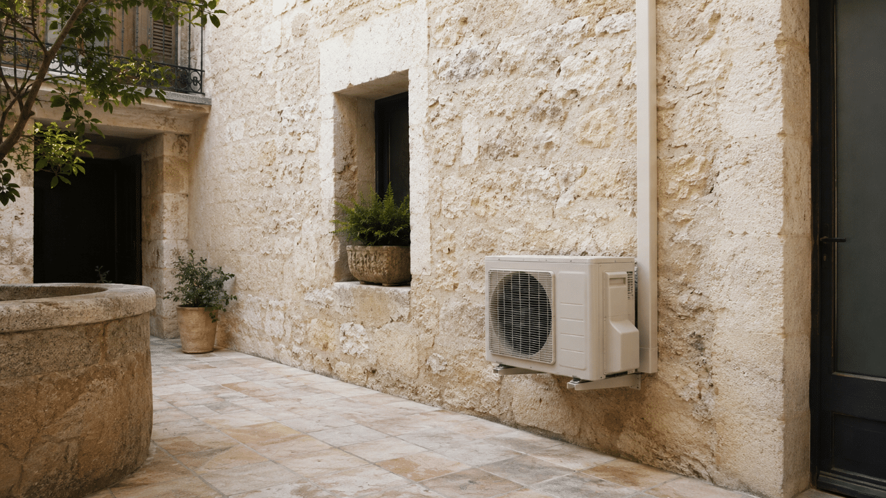 Unité extérieure de climatisation fixée sur un mur en pierre dans une cour de maison ancienne à Béziers