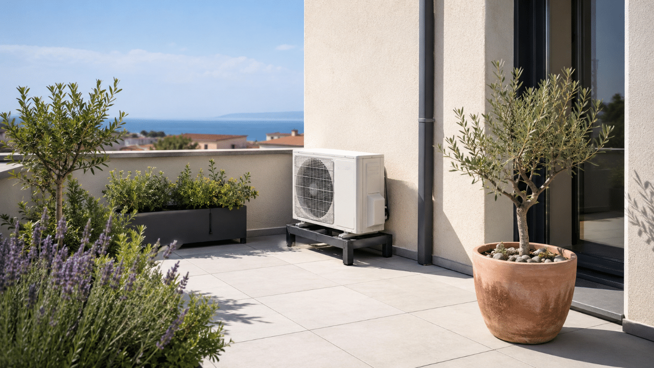Unité extérieure de climatisation fixée sur une terrasse de résidence à Frontignan, support solide