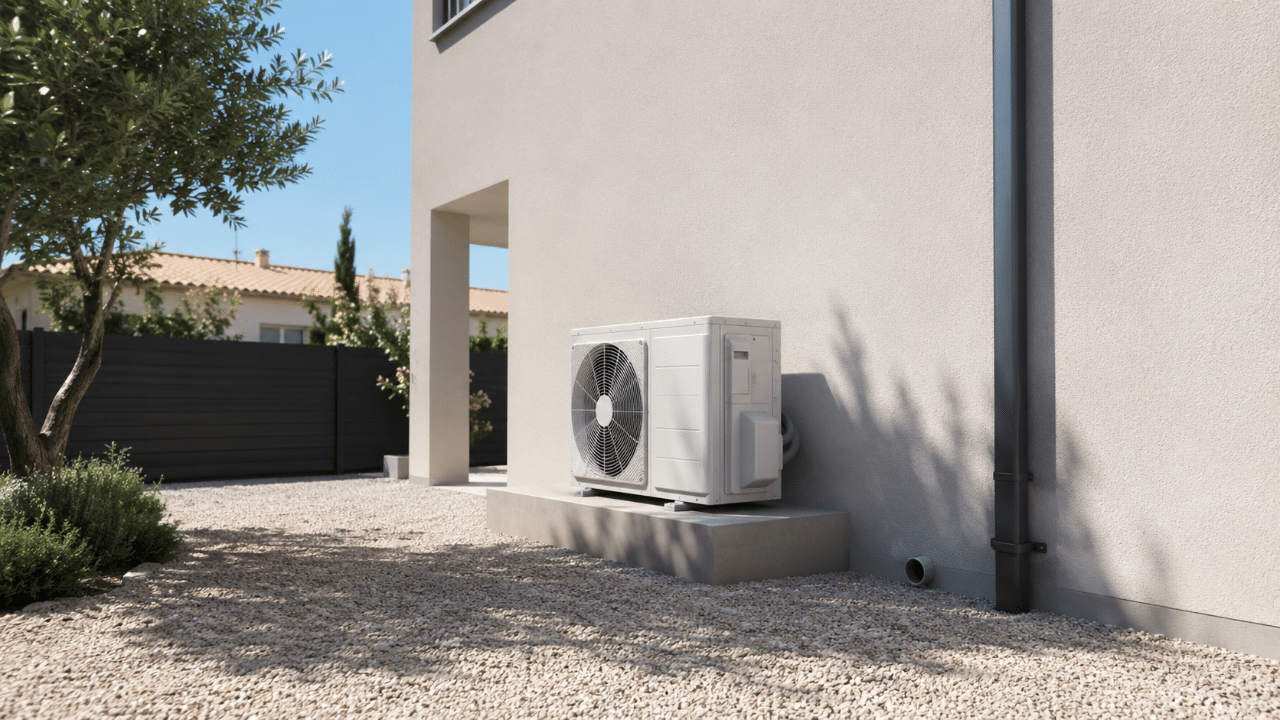 Groupe extérieur de climatisation surélevé sur plots le long d'une maison récente à Lattes