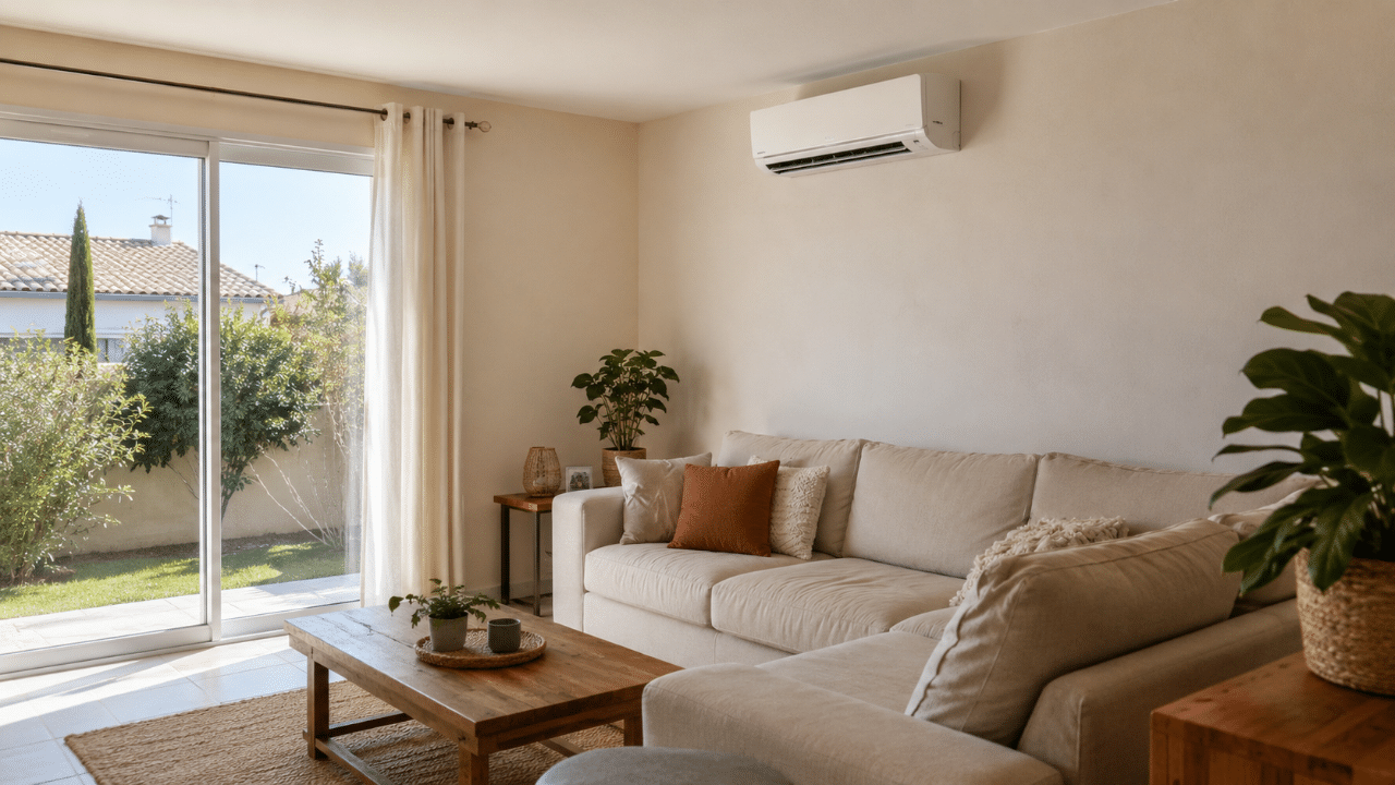 Unité intérieure de climatisation dans le séjour d'une maison de lotissement à Lunel