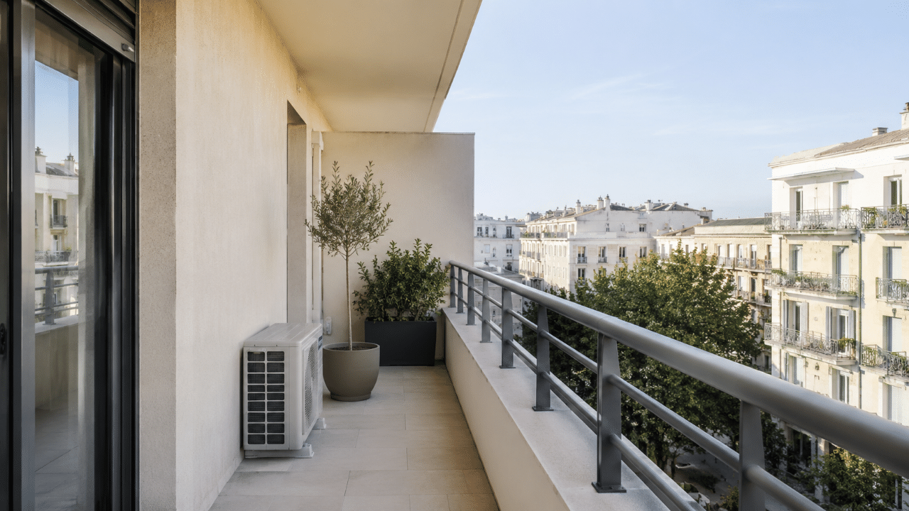 Unité extérieure de climatisation posée sur un balcon d’appartement à Montpellier, avec façade urbaine en arrière-plan