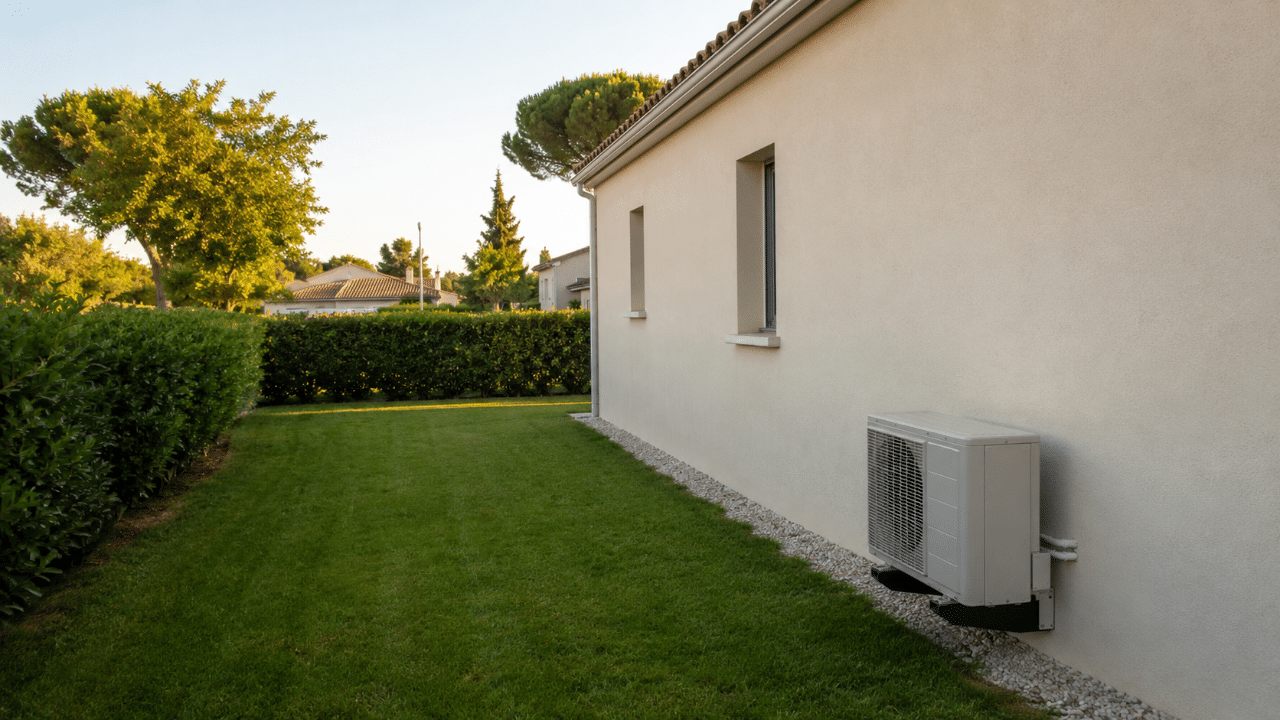 Unité extérieure de climatisation posée le long d'un mur de maison dans un jardin à Saint-Gély-du-Fesc