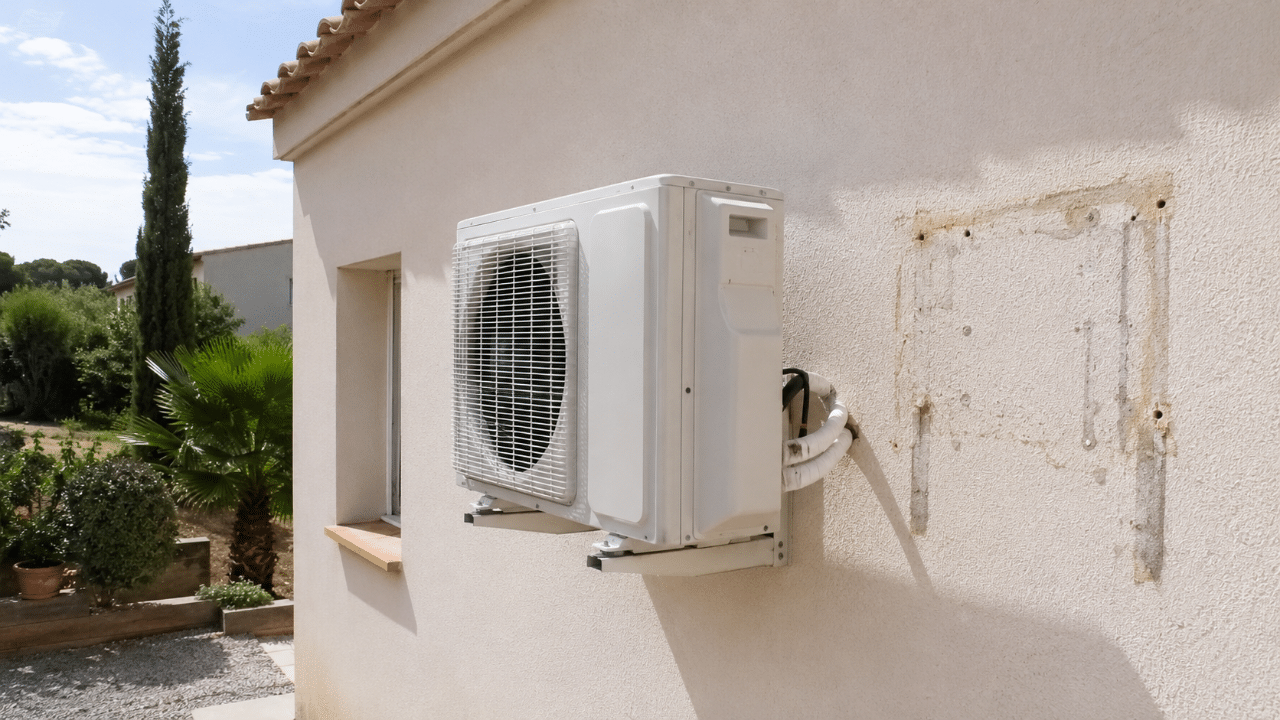 Technicien remplaçant un groupe extérieur de climatisation vieillissant sur une maison à Saint-Jean-de-Védas
