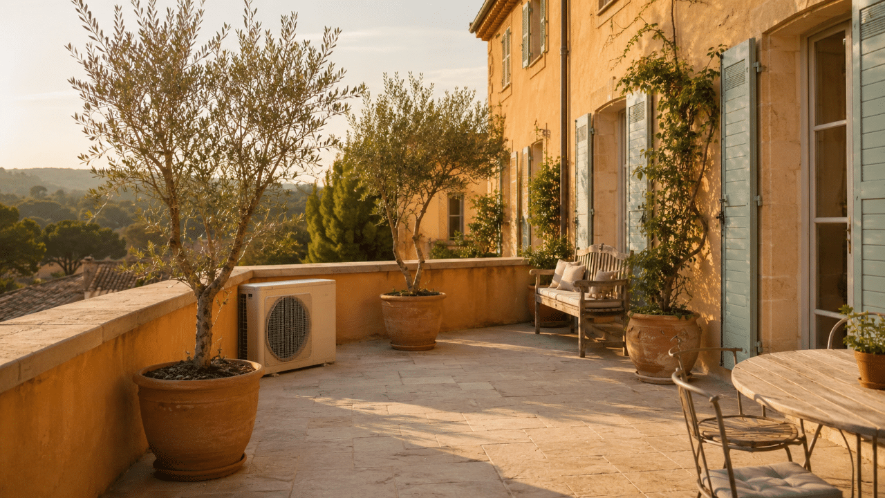 Unité extérieure de climatisation discrètement posée sur la terrasse d'une maison aixoise aux tons ocre