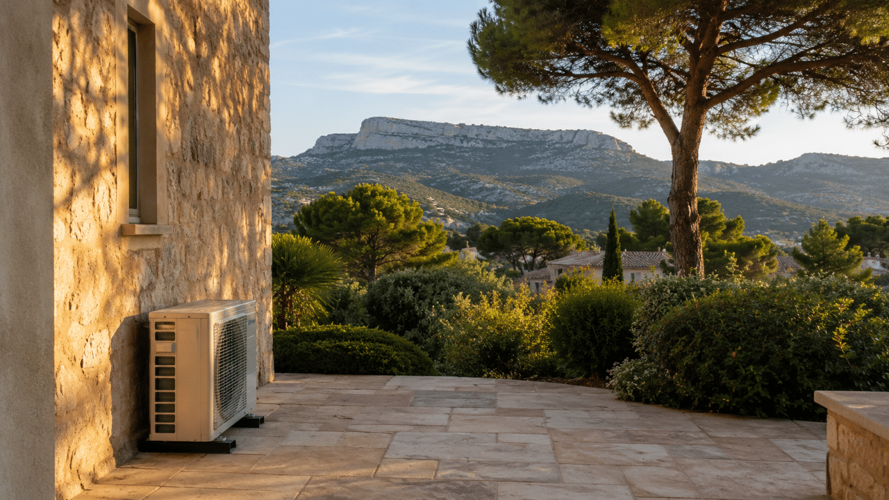 Unité extérieure de climatisation sur la terrasse d'une villa d'Allauch dominant les collines