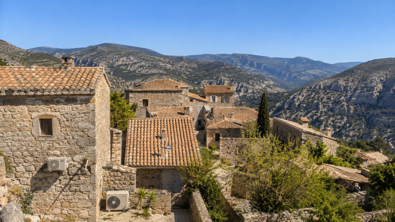 Village de Haute-Provence entre collines et montagnes avec climatiseurs sur les façades de maisons en pierre