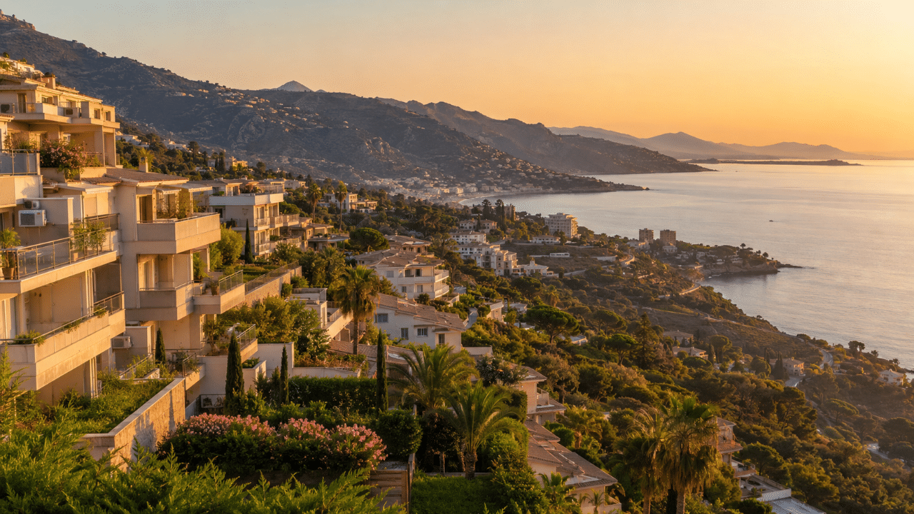 Vue des Alpes-Maritimes entre littoral et collines avec climatiseurs sur les façades d'immeubles