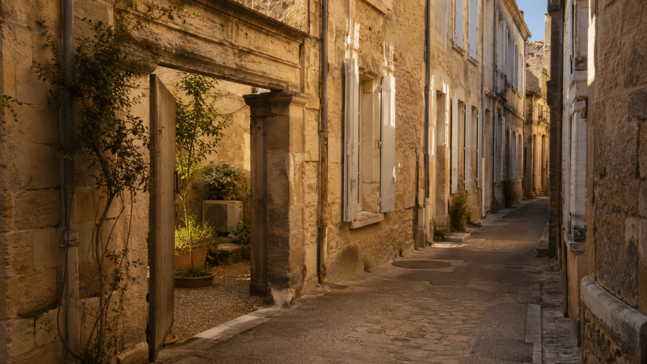Unité extérieure de climatisation sur une maison de pierre du centre ancien d'Arles