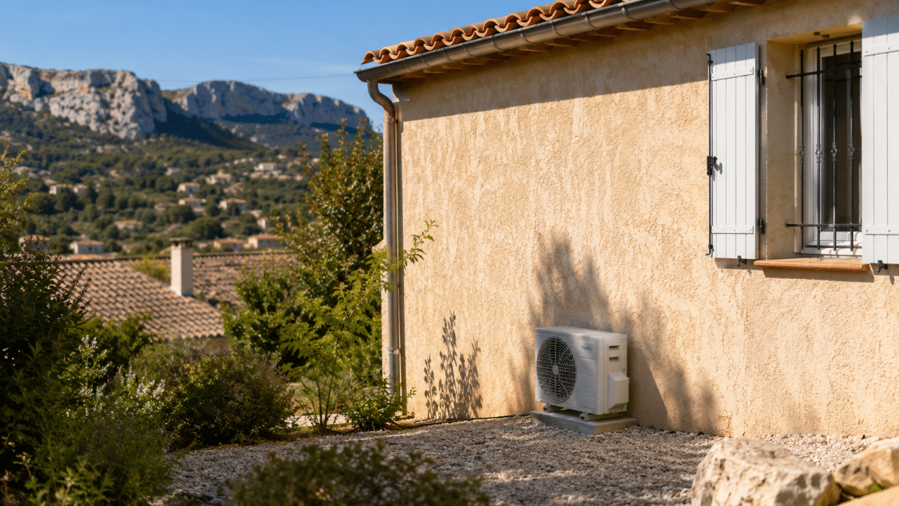 Unité extérieure de climatisation sur une maison d'Aubagne avec les collines en arrière-plan