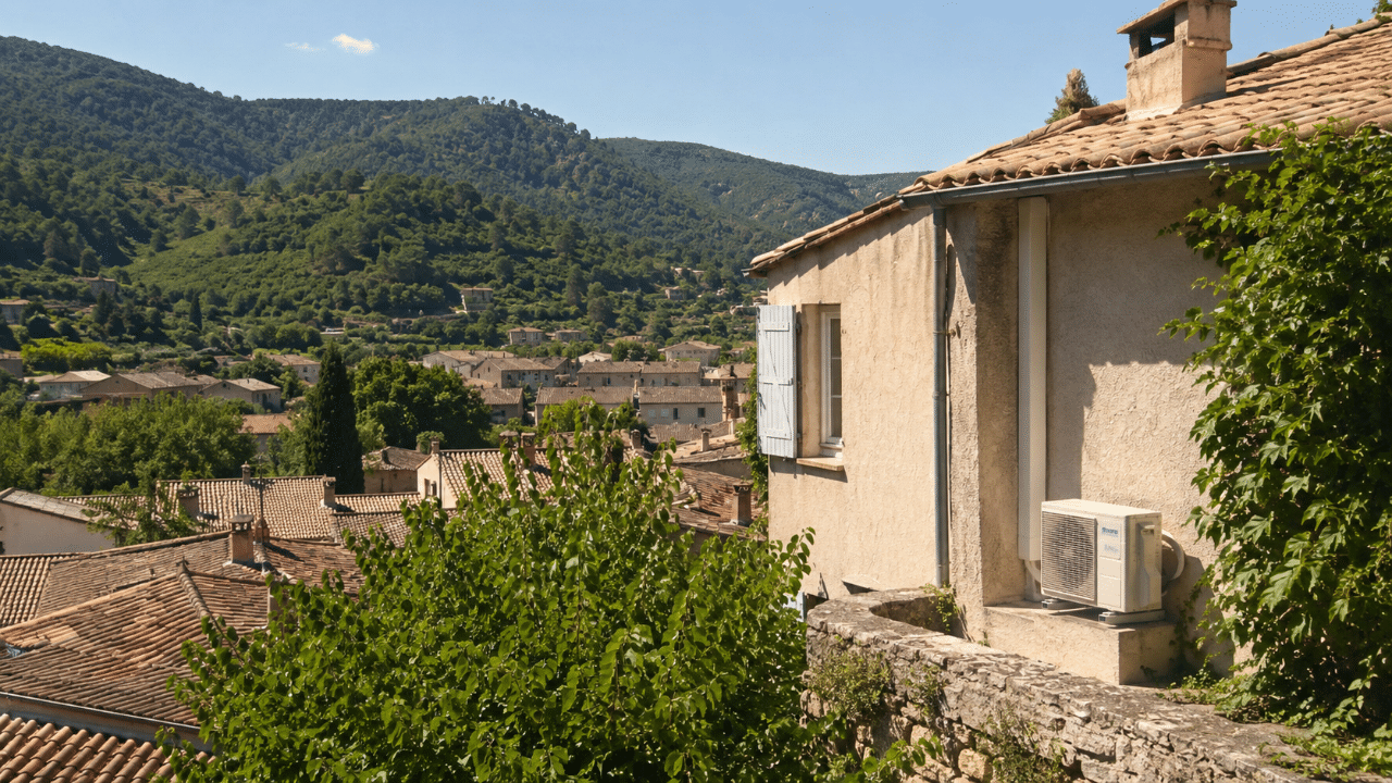 Unité extérieure de climatisation le long d'une maison de village d'Auriol à flanc de colline