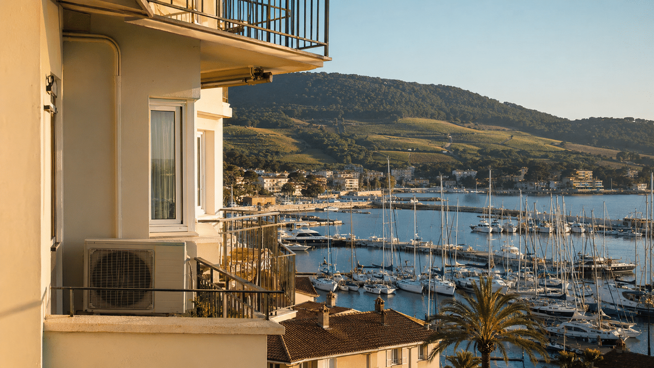 Climatiseur sur le balcon d'un appartement face au port de Bandol