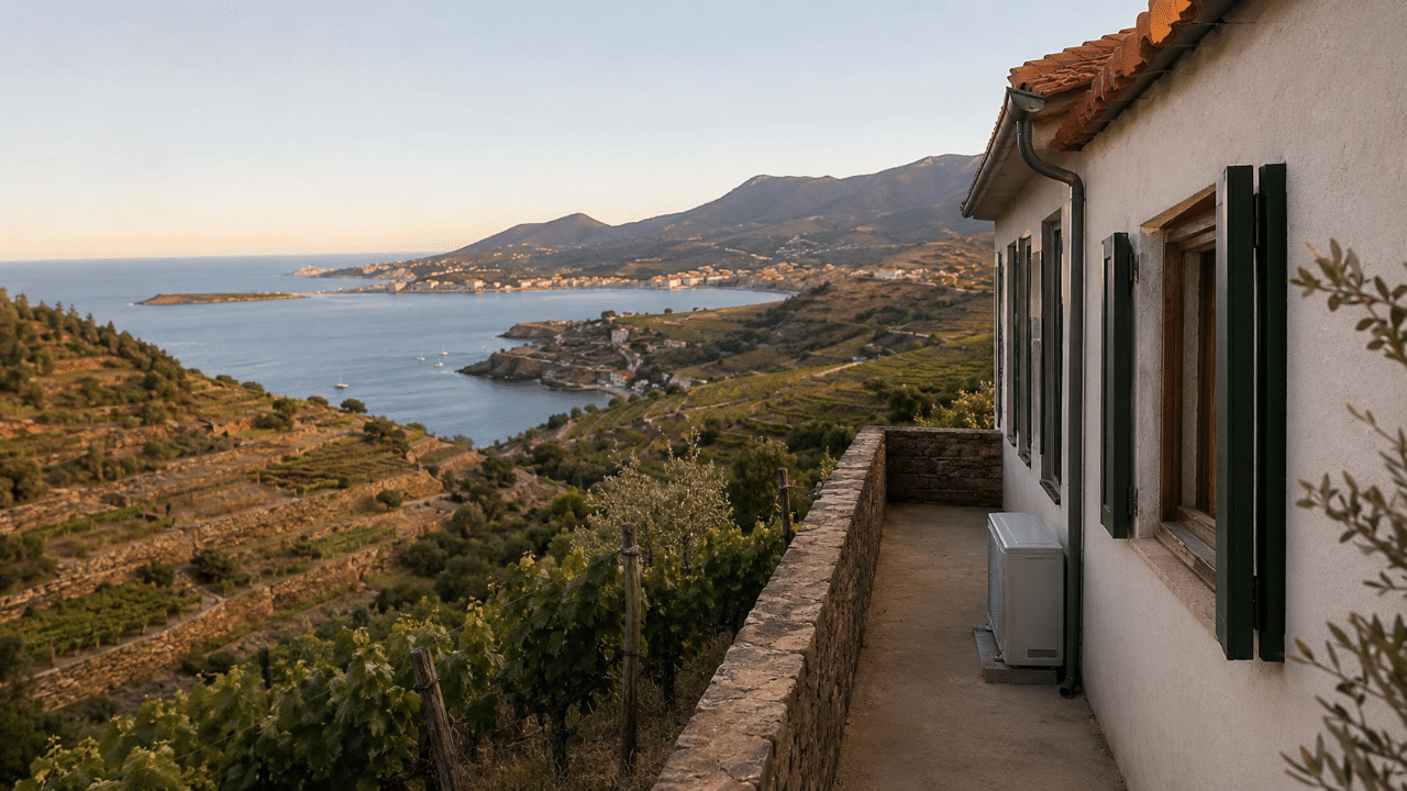 Climatiseur sur une terrasse en pente d'une villa de coteau à Banyuls-sur-Mer