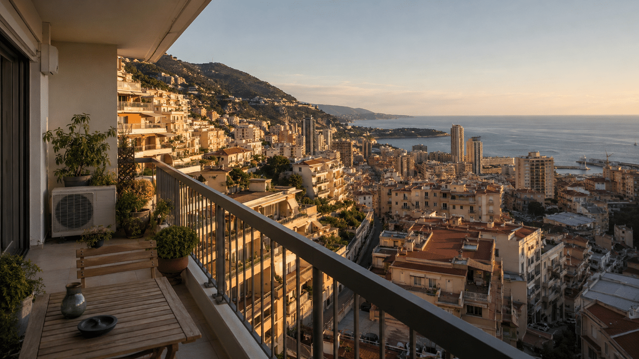 Climatiseur sur le balcon d'un immeuble en pente à Beausoleil au-dessus de Monaco