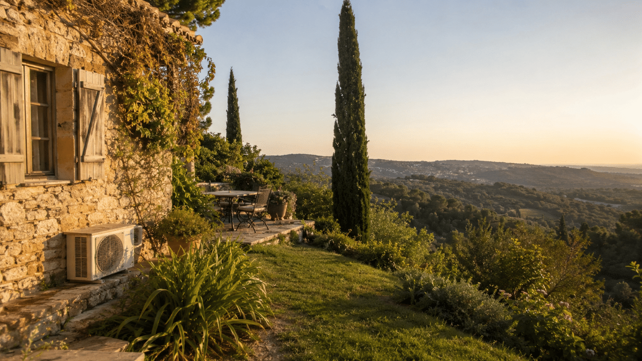 Climatiseur discret sur une maison en hauteur à Biot près de Sophia Antipolis