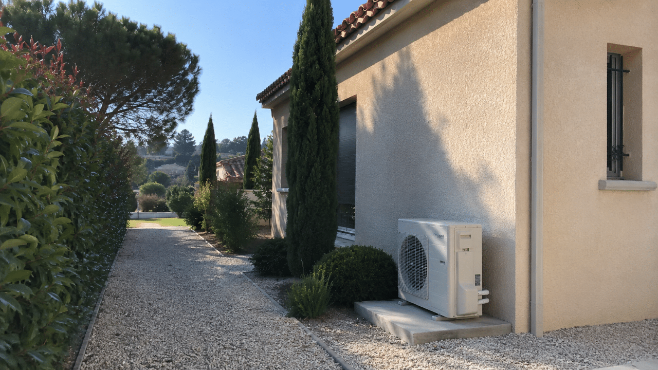 Unité extérieure de climatisation posée le long d'une maison de lotissement à Bouc-Bel-Air
