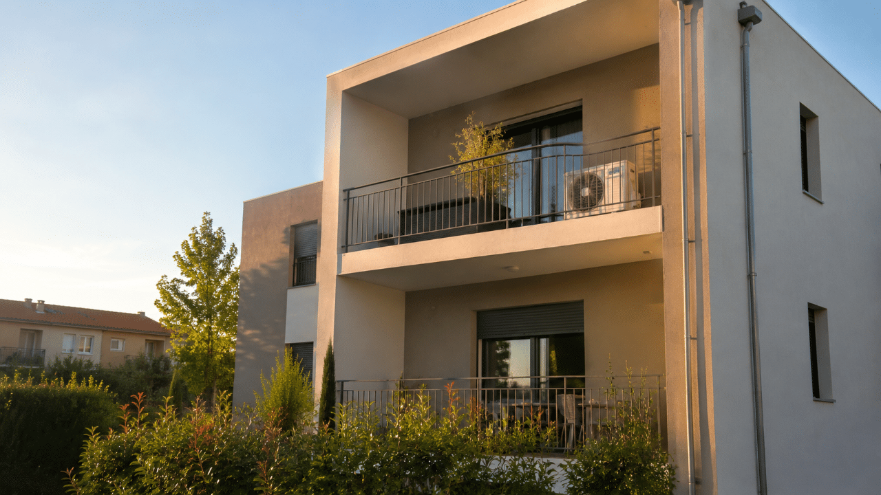 Climatiseur sur le balcon d'une résidence récente à Cabestany