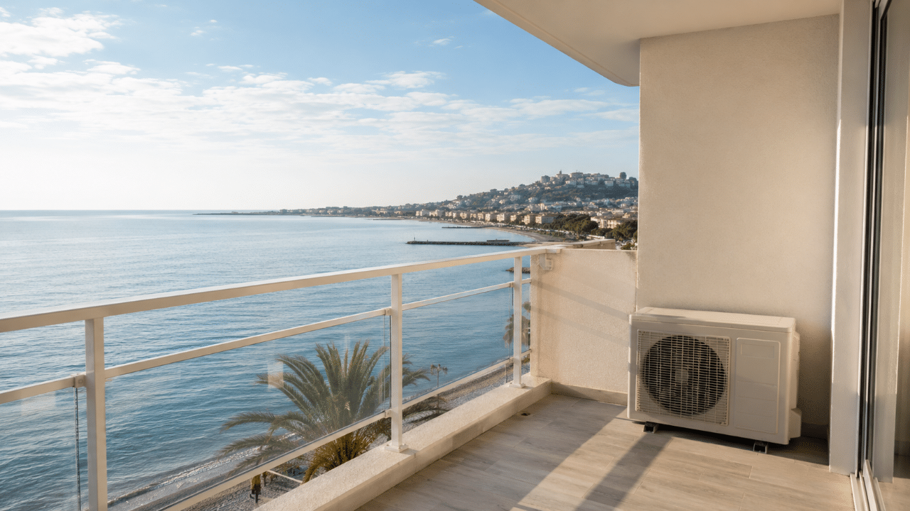 Climatiseur extérieur sur un balcon d'immeuble face à la mer à Cagnes-sur-Mer