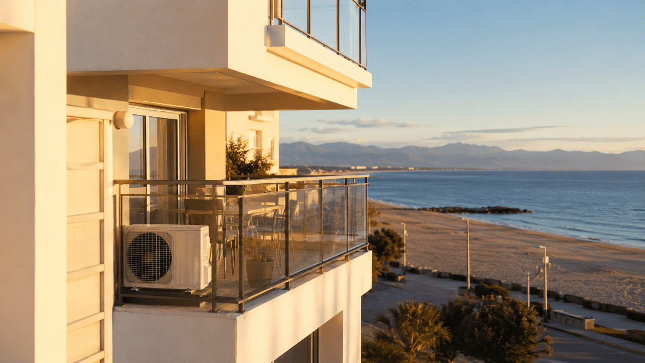 Climatiseur traité anticorrosion au balcon d'un appartement de front de mer à Canet-en-Roussillon