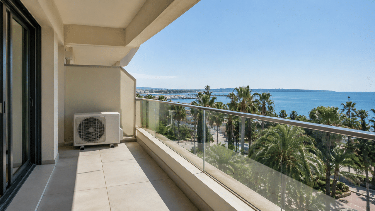 Climatiseur posé sur le balcon d'un immeuble résidentiel face à la baie de Cannes