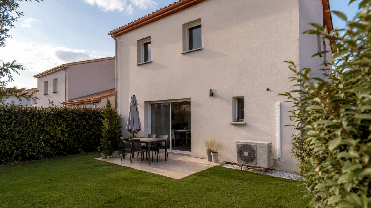 Climatiseur contre un mur dans le jardin d'une maison à Canohès