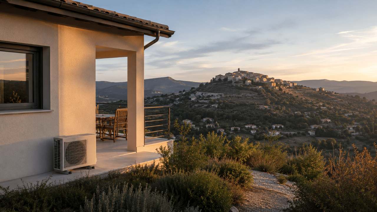 Climatiseur sur une maison de Carros avec la vallée du Var en arrière-plan
