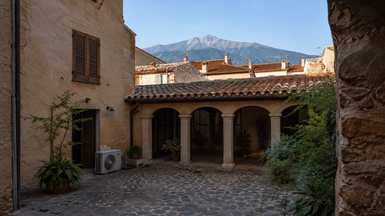 Climatiseur en cour d'une maison catalane du centre ancien de Céret