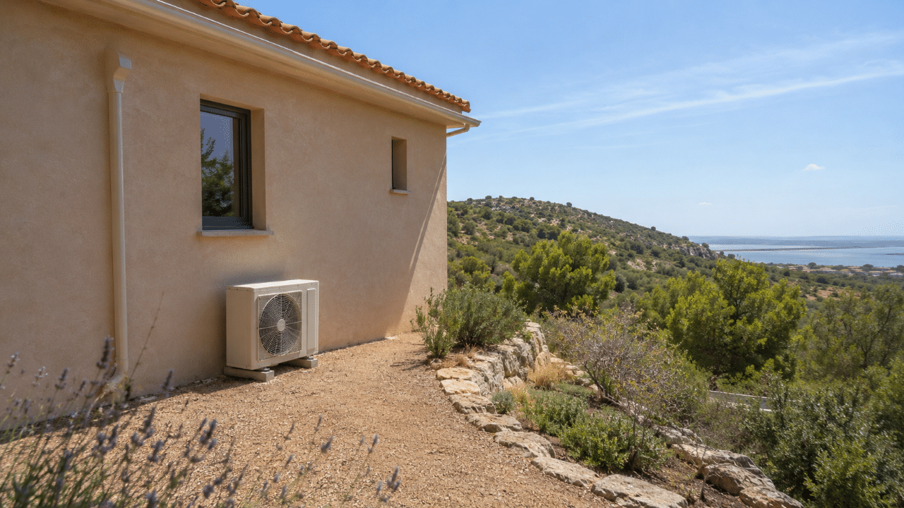 Unité extérieure de climatisation le long d'une maison individuelle de Châteauneuf-les-Martigues