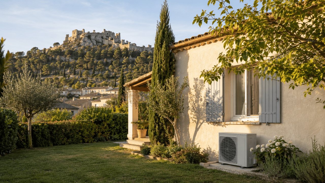 Unité extérieure de climatisation au jardin d'une maison de Châteaurenard sous la colline du Griffon