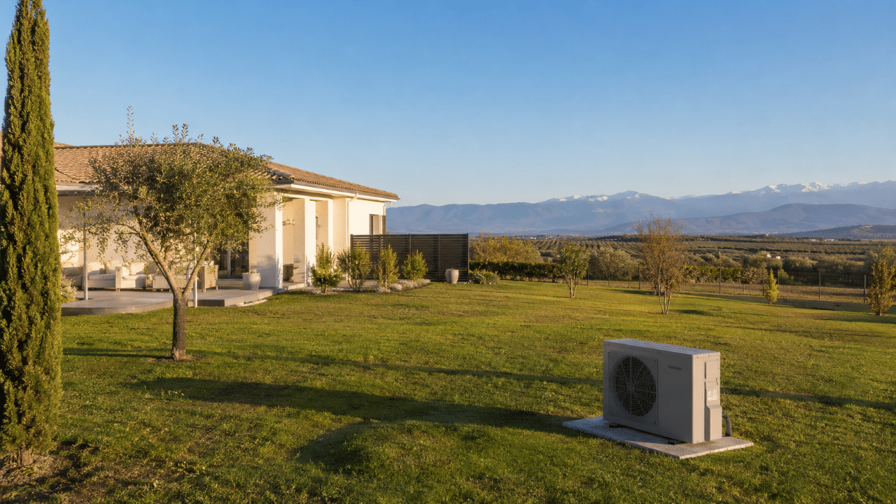 Climatiseur au sol dans le jardin d'une maison à Claira