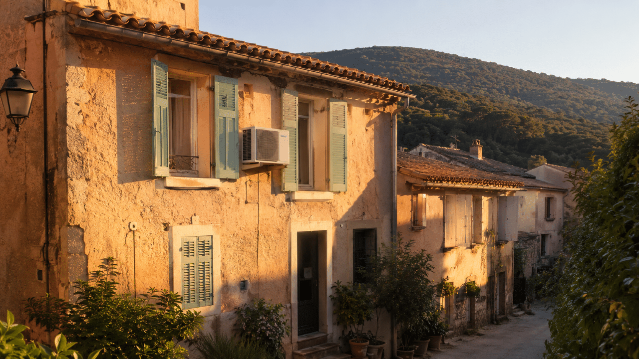 Climatiseur discret sur une maison provençale du centre ancien de Cogolin