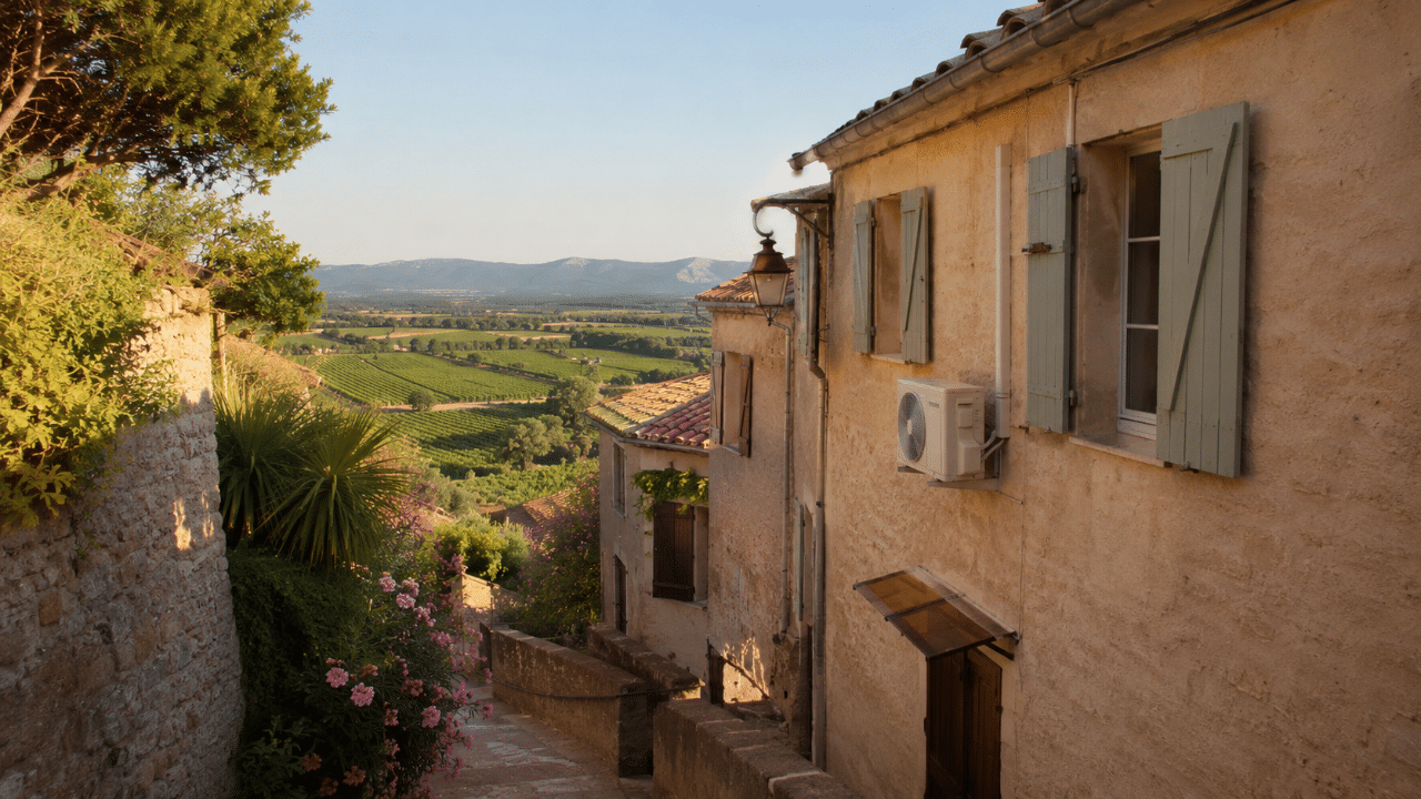 Climatiseur discret sur une maison du vieux village de Cuers