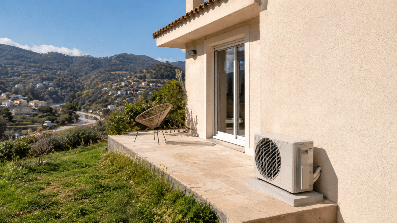 Climatiseur sur une maison en pente à Drap dans la vallée du Paillon