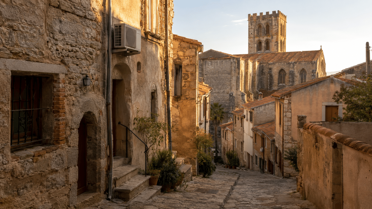 Climatiseur discret en façade d'une maison ancienne de la ville haute d'Elne