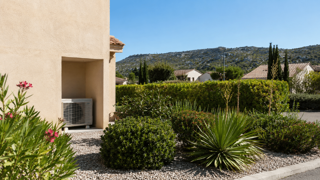 Unité extérieure de climatisation au jardin d'une maison de Fos-sur-Mer dans un quartier résidentiel