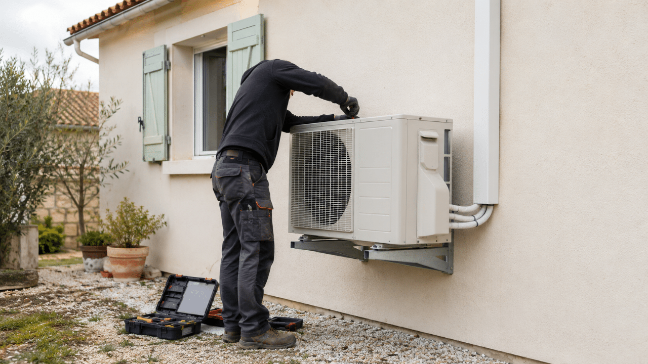 Installation d'une climatisation par un professionnel avec unité extérieure sur une façade