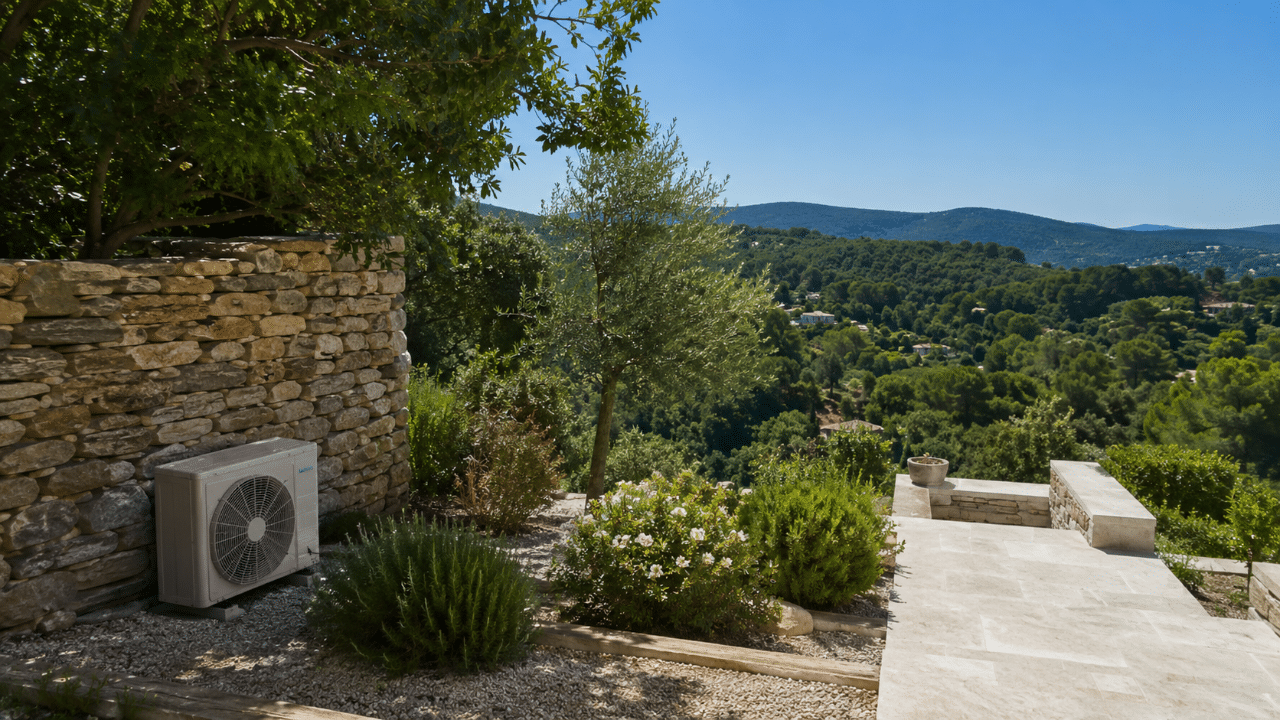 Unité extérieure de climatisation posée sur une terrasse en restanque dominant la campagne de Fuveau