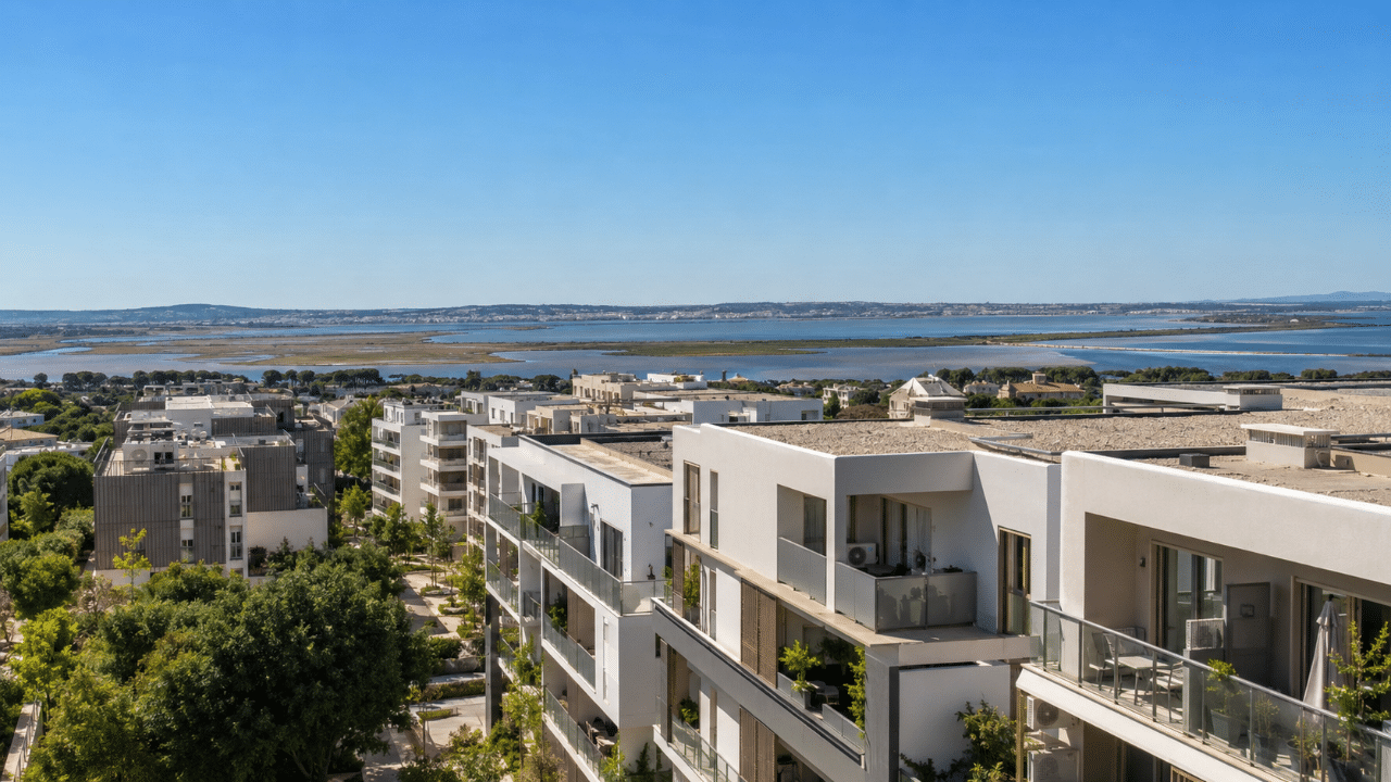 Vue de l'Hérault entre Montpellier, littoral lagunaire et plaine avec climatiseurs sur les façades de logements récents