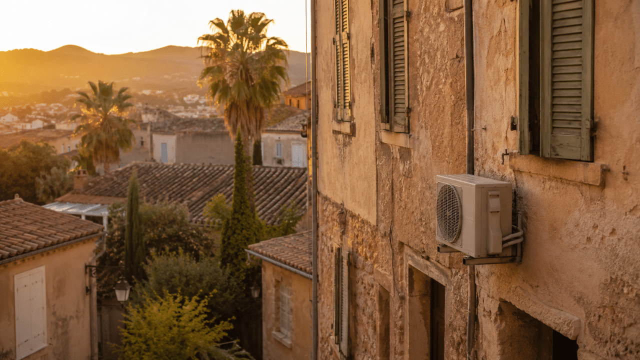 Climatiseur discret sur une maison de la vieille ville d'Hyères bordée de palmiers