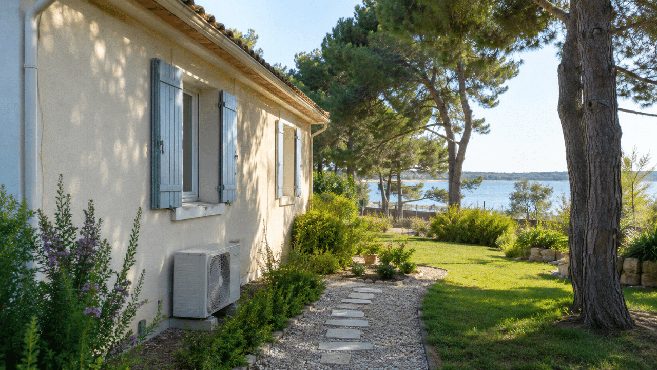 Unité extérieure de climatisation au jardin d'un pavillon d'Istres près de l'étang de l'Olivier