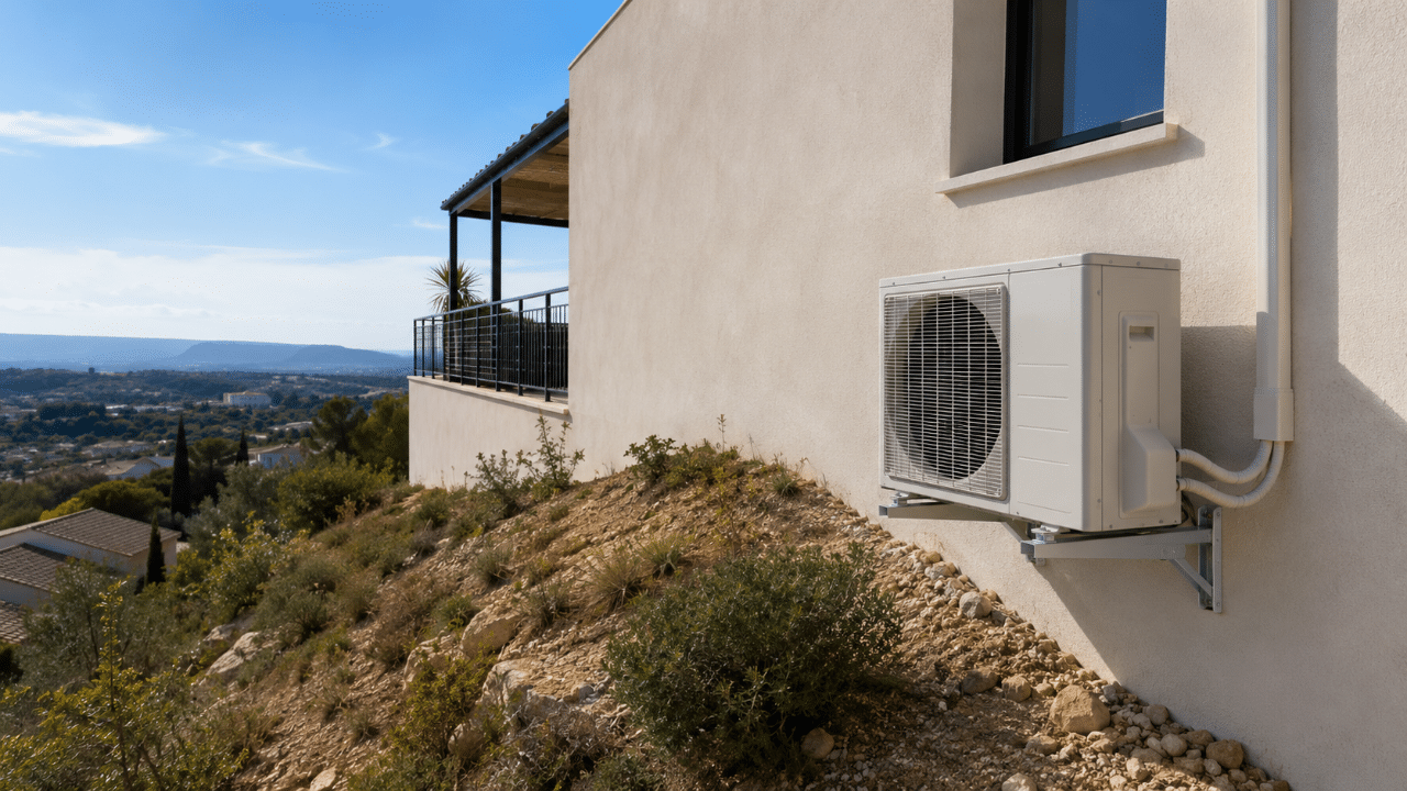 Groupe extérieur de climatisation posé sur une console murale de niveau sur un terrain en pente à Juvignac