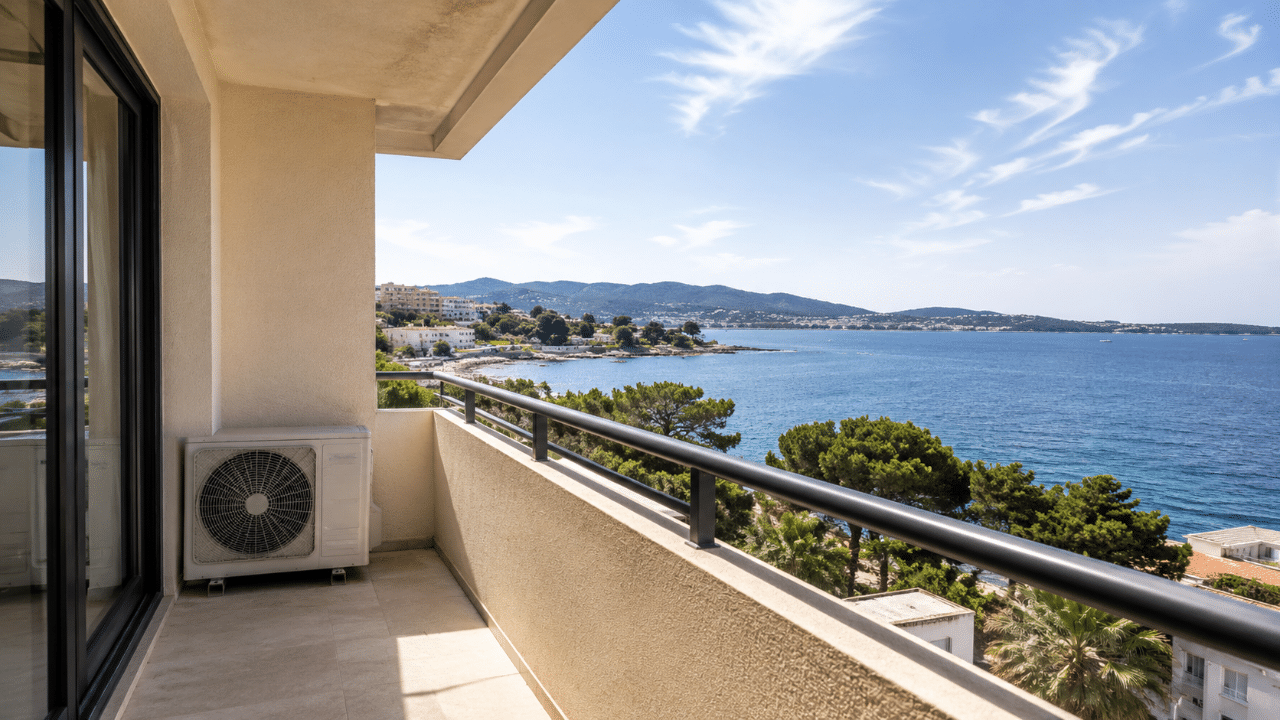 Unité extérieure de climatisation sur le balcon d'un appartement de La Ciotat face à la mer