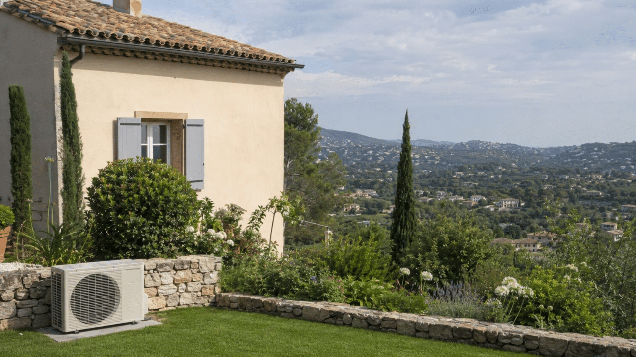 Climatiseur discret sur une maison de village à La Colle-sur-Loup au bord du Loup