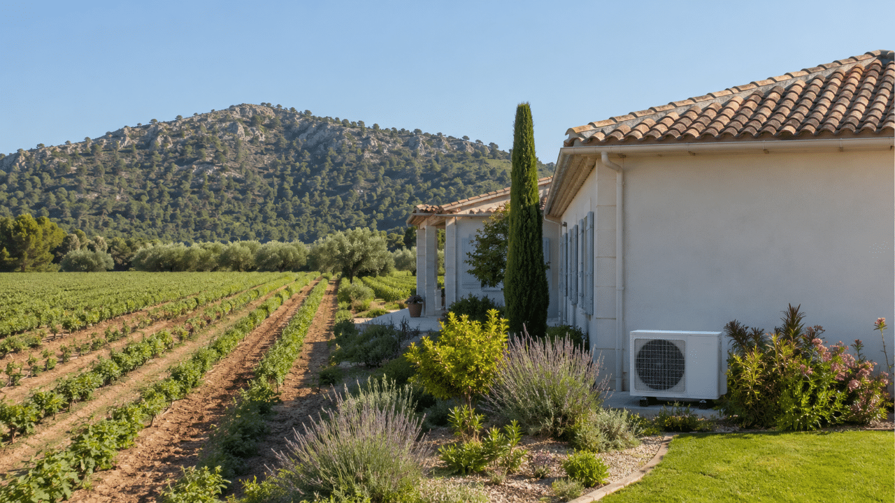 Climatiseur dans le jardin d'une maison de la plaine de La Crau