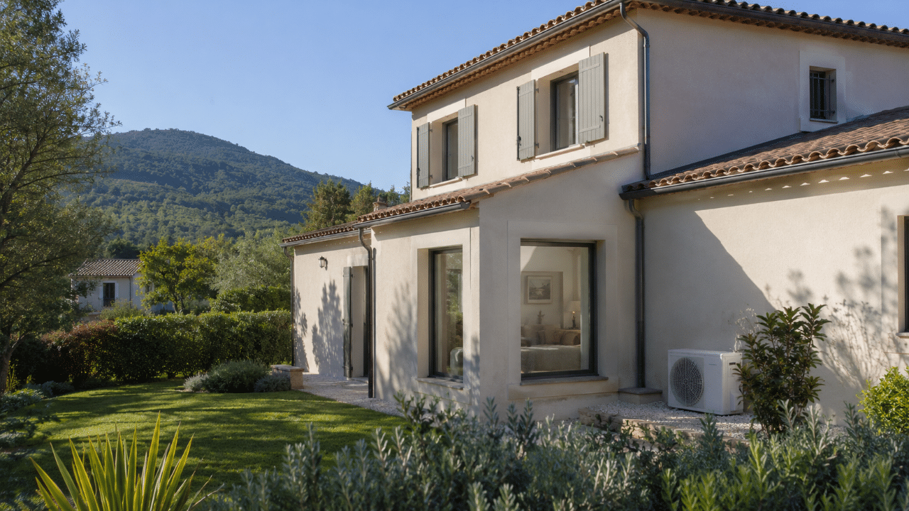 Climatiseur dans le jardin d'une maison récente à La Farlède