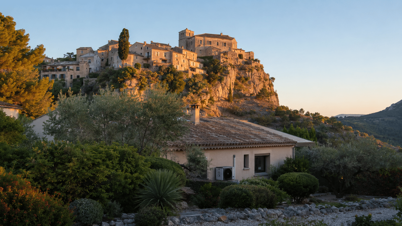 Climatiseur sur une maison au pied du vieux village perché de La Garde