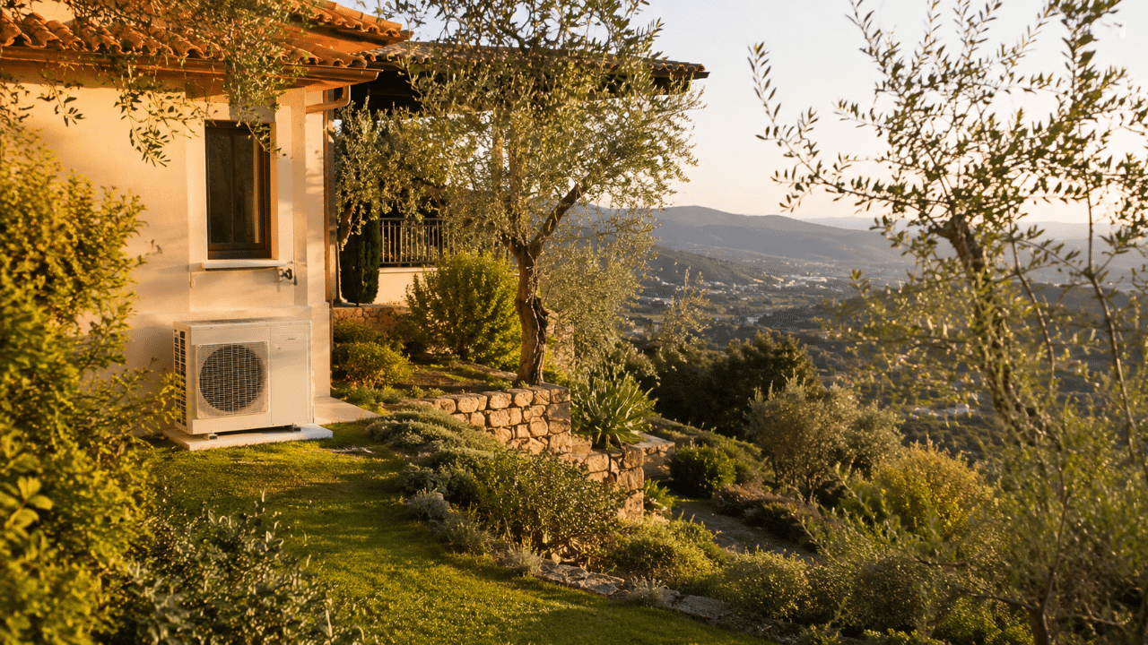 Climatiseur au pied d'une maison de collines à La Gaude entourée de verdure