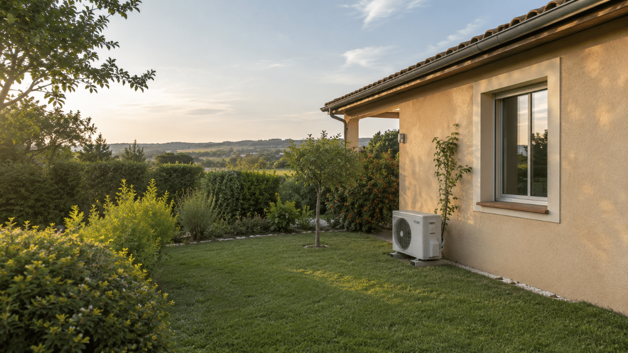 Climatiseur côté jardin d'une maison de lotissement à La Roquette-sur-Siagne