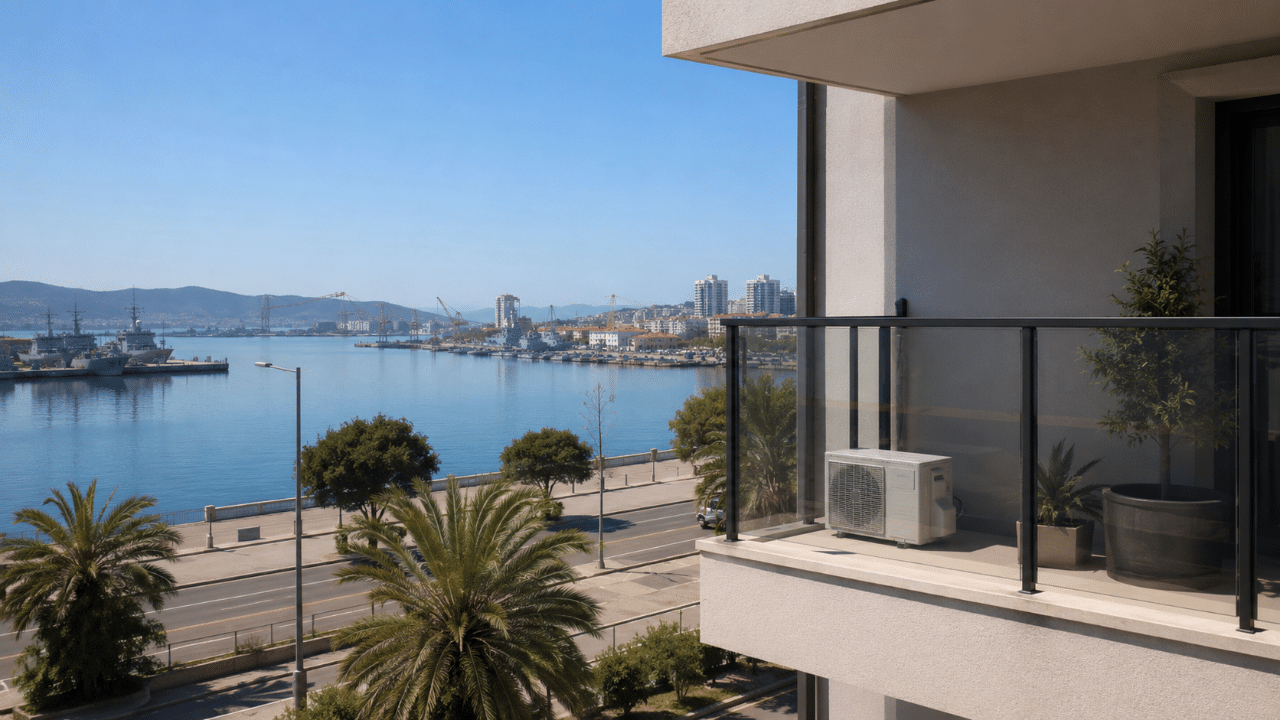 Climatiseur sur le balcon d'un immeuble face au port de La Seyne-sur-Mer