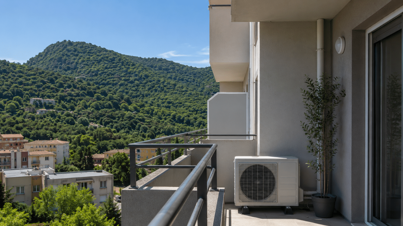 Climatiseur sur un immeuble moderne de La Trinité dans la vallée du Paillon